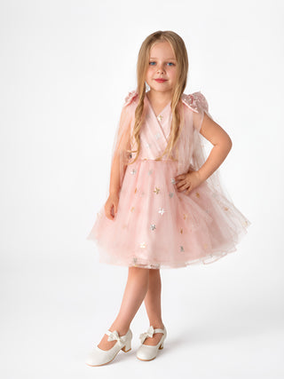 Twinkle Star Blush Pink Sequin Birthday Dress for Girls, full-length front view, by Faeella
