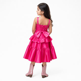 Wildflower Cowgirl Hot Pink Ruffle Birthday Dress for Girls, back view, by Faeella