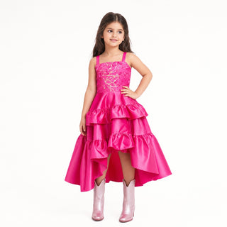 Wildflower Cowgirl Hot Pink Ruffle Birthday Dress for Girls, front view, by Faeella