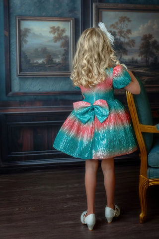 Aqua Sunset Sparkle Sequin Birthday Dress for Girls — back view of aqua sequin girls birthday dress by Faeella