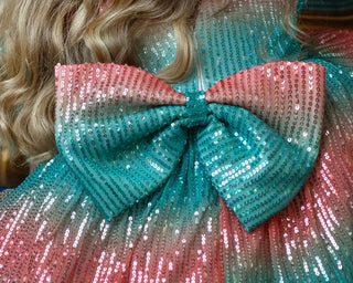 Aqua Sunset Sparkle Sequin Birthday Dress for Girls — fabric detail closeup of aqua sequin girls birthday dress by Faeella