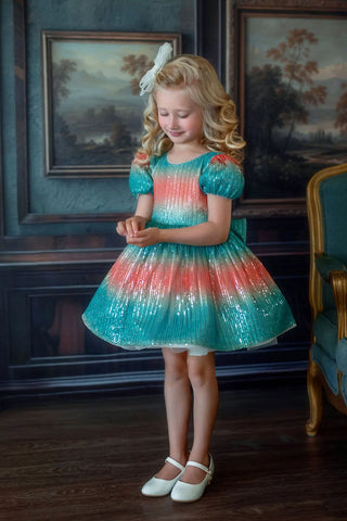 Aqua Sunset Sparkle Sequin Birthday Dress for Girls — front view of aqua sequin girls birthday dress by Faeella