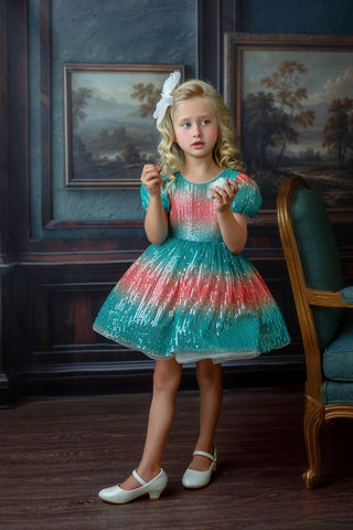 Aqua Sunset Sparkle Sequin Birthday Dress for Girls — lifestyle photo of aqua sequin girls birthday dress by Faeella