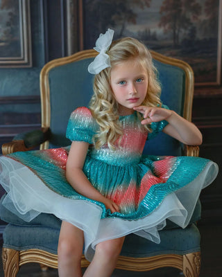Aqua Sunset Sparkle Sequin Birthday Dress for Girls — lifestyle photo of aqua sequin girls birthday dress by Faeella