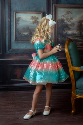 Aqua Sunset Sparkle Sequin Birthday Dress for Girls — side view of aqua sequin girls birthday dress by Faeella