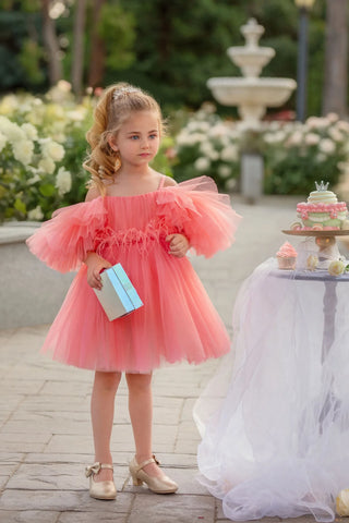 Blush Feather Fairy Tulle Flower Girl Dress — front view of blush pink tulle feather flower girl dress by Faeella