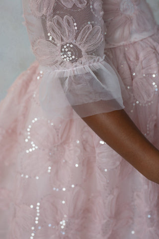 Close-up of a pink sequin faeella dress with lace detailing on a plain background
