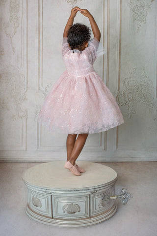 Person in a pink faeella dress, blush petal music box dress standing on a decorative ottoman against an ornate wall.