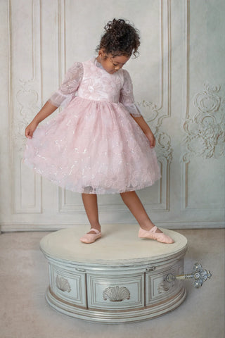 Blush Petal Music Box Pink Sequin Tulle Flower Girl Dress styled photo flower girl dress by Faeella