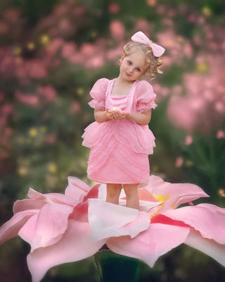 Blush Petal Princess Ruffle Pink Birthday Dress for Girls — styled photo of blush pink ruffle girls birthday dress by Faeella