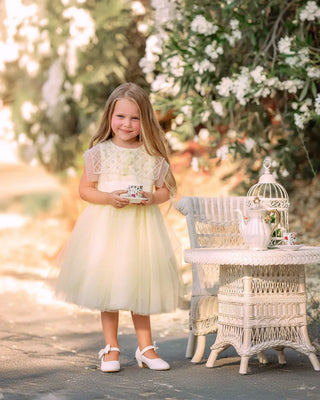 Buttercream Belle Pearl Capelet Flower Girl Dress lifestyle photo flower girl dress by Faeella