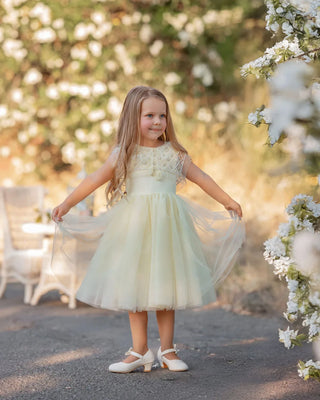 Buttercream Belle Pearl Capelet Flower Girl Dress — side view of buttercream ivory pearl capelet flower girl dress by Faeella