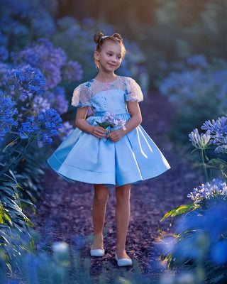 Girl wearing blue butterfly sequin, Faeella Celestial butterfly dress in magical garden, perfect for holiday party, birthday parties, wedding and flower girl.