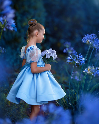 Girl wearing blue butterfly sequin, Faeella Celestial butterfly dress in magical garden, perfect for holiday party, birthday parties, wedding and flower girl.