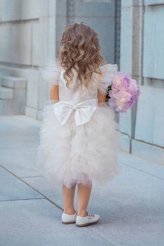 Celestial Fairy White Tulle Flower Girl Dress — back view of white tulle fairy flower girl dress by Faeella
