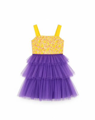 Citrus Bloom Purple Sequin Tulle Birthday Dress for Girls — flat lay of purple yellow sequin tulle girls birthday dress by Faeella