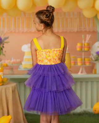 Citrus Bloom Purple Sequin Tulle Birthday Dress for Girls — back view of purple sequin tulle girls birthday dress by Faeella