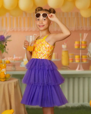 Citrus Bloom Purple Sequin Tulle Birthday Dress for Girls fabric detail closeup girls birthday dress by Faeella