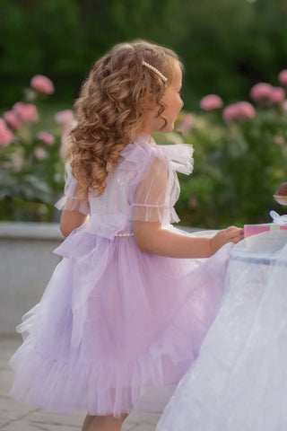 Dreamy Lilac Princess Tulle Birthday Dress for Girls — back view of lilac tulle princess girls birthday dress by Faeella