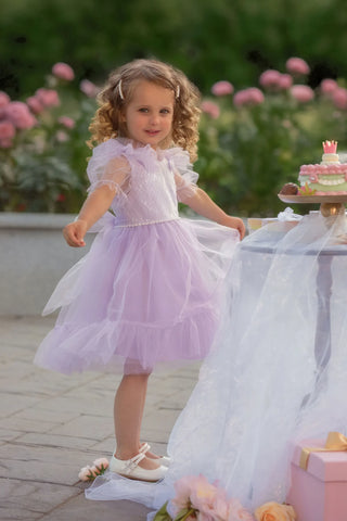 Dreamy Lilac Princess Tulle Birthday Dress for Girls — side view of lilac tulle princess girls birthday dress by Faeella