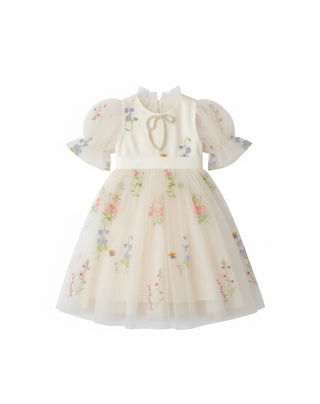 Enchanted Bloom Embroidered Ivory Flower Girl Dress for Girls — flat lay of ivory embroidered tulle flower girl dress by Faeella