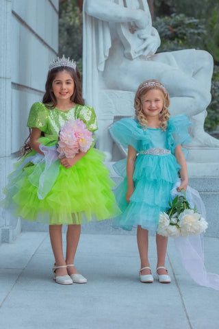 Enchanted Lime Sequin Tulle Birthday Dress for Girls styled photo girls birthday dress by Faeella