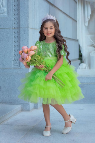 Enchanted Lime Sequin Tulle Birthday Dress for Girls styled photo girls birthday dress by Faeella