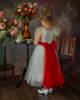 Enchanted Snow Princess White & Red Holiday Birthday Dress back view girls birthday dress by Faeella