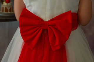 Enchanted Snow Princess White & Red Holiday Birthday Dress back view girls birthday dress by Faeella
