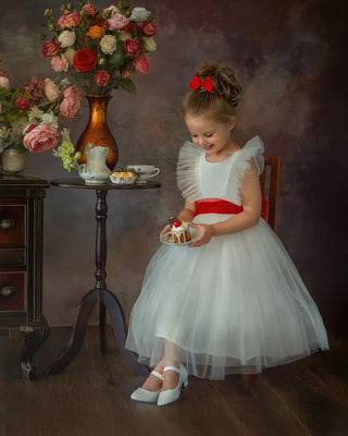 Enchanted Snow Princess White & Red Holiday Birthday Dress styled photo girls birthday dress by Faeella