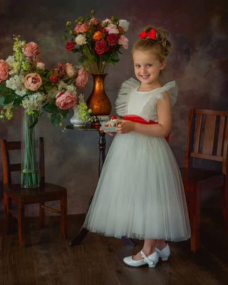 Enchanted Snow Princess White & Red Holiday Birthday Dress front view girls birthday dress by Faeella