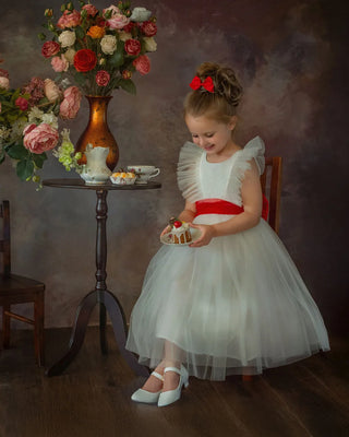 Enchanted Snow Princess White & Red Holiday Birthday Dress lifestyle photo girls birthday dress by Faeella