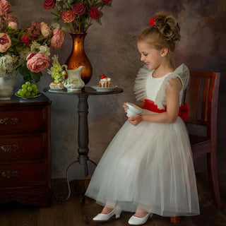 Enchanted Snow Princess White & Red Holiday Birthday Dress lifestyle photo girls birthday dress by Faeella