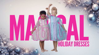 Two toddler girls in faeella holiday dresses standing in front of decorative Christmas elements with 'Magical Holiday Dresses' text.