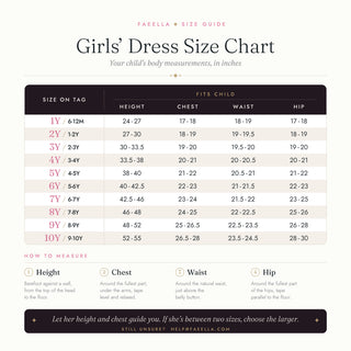 Faeella girls dress size chart with child's height, chest, waist and hip in inches for sizes 1Y to 10Y