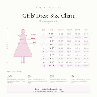 Faeella girls dress size chart with measurements in inches for sizes 1 to 10