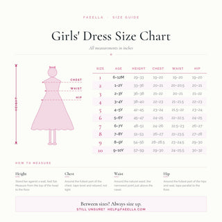 Faeella girls dress size chart with measurements in inches for sizes 1 to 10