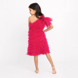 Flamingo Fairy Hot Pink Ruffle Tulle Birthday Dress for Girls back view by Faeella