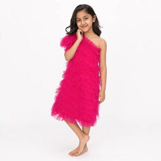 Flamingo Fairy Hot Pink Ruffle Tulle Birthday Dress for Girls front view girls birthday dress by Faeella