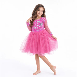 Fuchsia Fairy Floral Sequin Birthday Dress for Girls front view girls birthday dress by Faeella