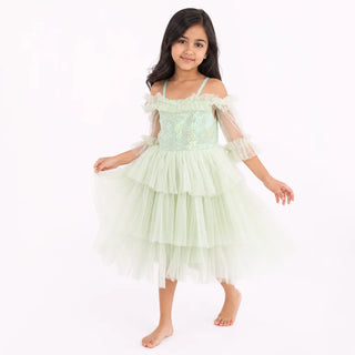 Garden Fairy Sage Green Sequin Tulle Birthday Dress for Girls front view girls birthday dress by Faeella