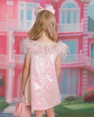Iridescent Stardust Pink Sequin Birthday Dress for Girls back view girls birthday dress by Faeella