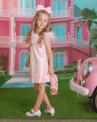 Faeella Iridescent Stardust pink sequin Dress – barbie inspired dress for girls, perfect for birthday party, pageant and special Occassion
