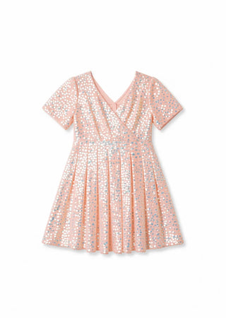 Iridescent Stardust Pink Sequin Birthday Dress for Girls — flat lay of iridescent pink sequin girls birthday dress by Faeella
