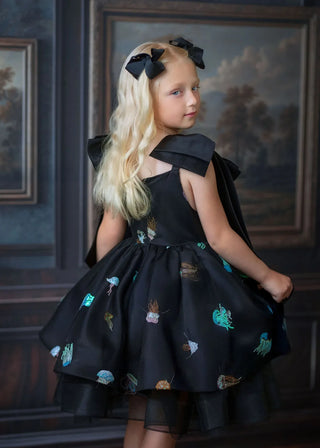 Black sequin tulle birthday dress for girls, back view with long invisible zipper, by Faeella