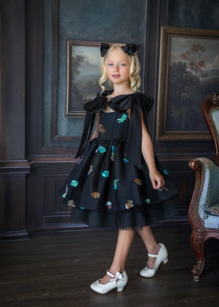 Black sequin tulle birthday dress for girls, full-length editorial styled photo, by Faeella