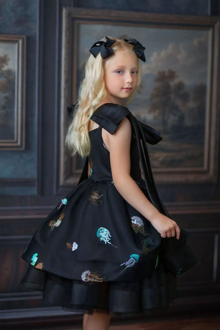 Black sequin tulle birthday dress for girls, side view showing layered tulle skirt, by Faeella