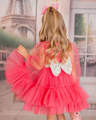 Parisian Rosé Pink Tulle Birthday Party Dress for Girls — back view of rose pink tulle girls birthday dress by Faeella