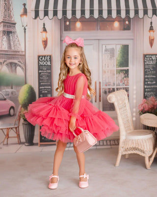 Parisian Rosé Pink Tulle Birthday Party Dress for Girls — side view of rose pink tulle girls birthday dress by Faeella