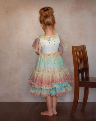 Faeella Pastel Stardust Layered Party Dress has softest tulle with comfortable cotton lining for school birthday party celebrations.